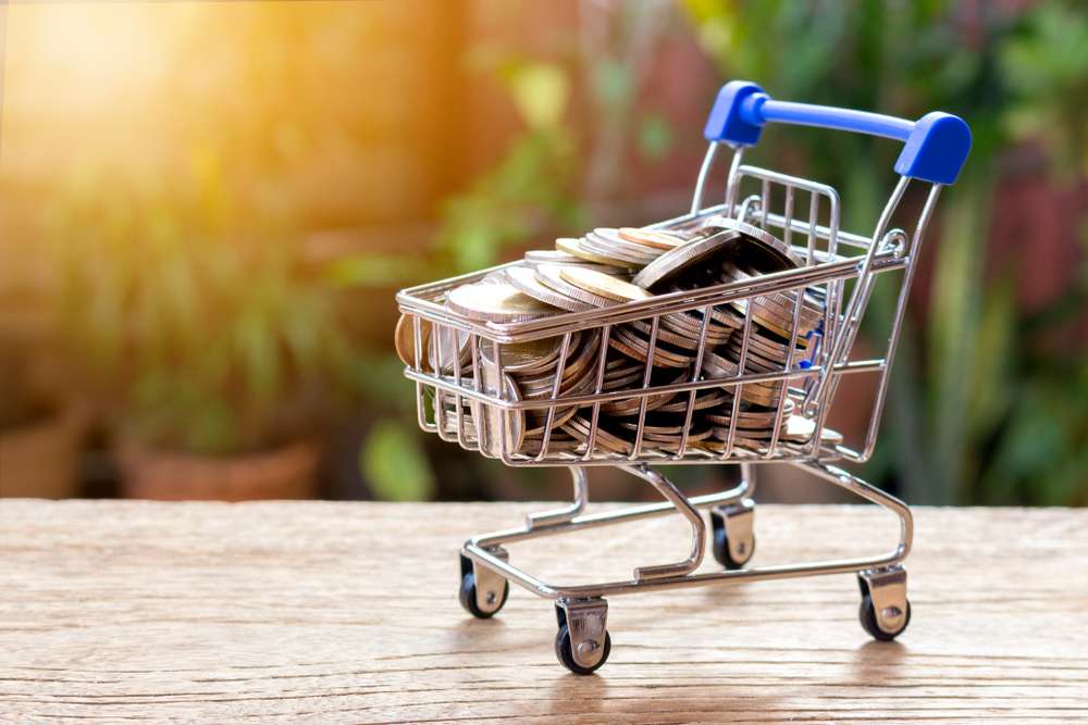 Full,Of,Money,In,Shopping,Cart,On,Green,Nature,With